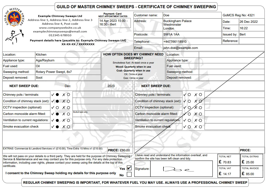 Certificate for the Guild of Master Chimney Sweeps